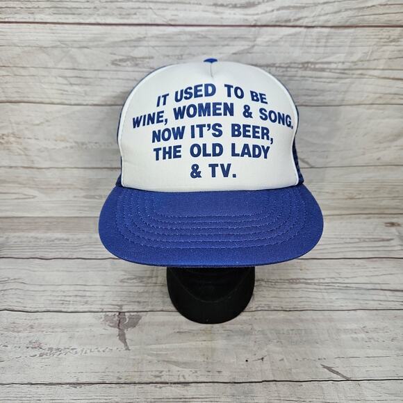 Vintage Funny Trucker Hat Wine Women Song Beer Old Lady T.V. Blue White Snapback - Picture 2 of 7